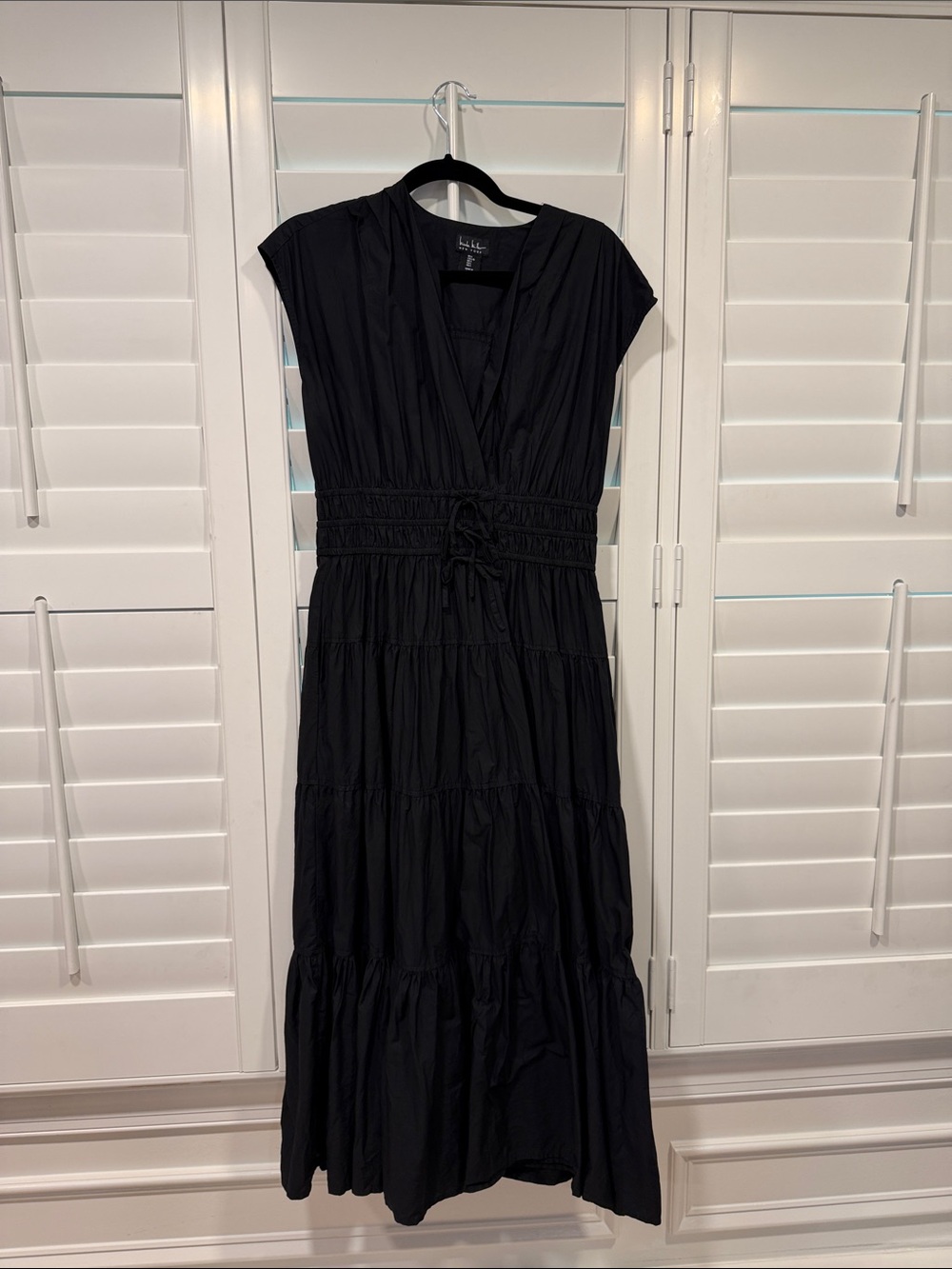 Nicole Miller Black Tiered V-Neck Maxi with Shirred Waist